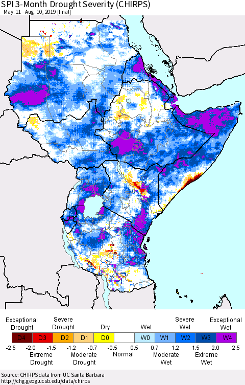 Eastern Africa SPI 3-Month Drought Severity (CHIRPS) Thematic Map For 5/11/2019 - 8/10/2019