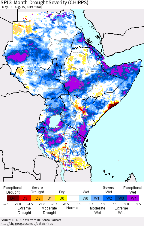 Eastern Africa SPI 3-Month Drought Severity (CHIRPS) Thematic Map For 5/16/2019 - 8/15/2019