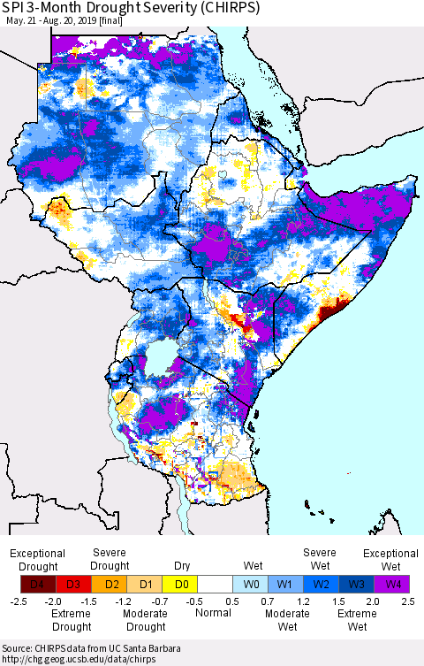 Eastern Africa SPI 3-Month Drought Severity (CHIRPS) Thematic Map For 5/21/2019 - 8/20/2019