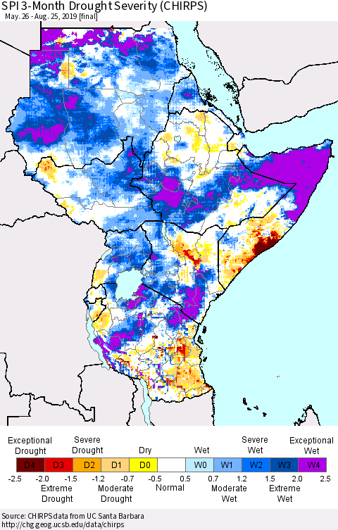 Eastern Africa SPI 3-Month Drought Severity (CHIRPS) Thematic Map For 5/26/2019 - 8/25/2019