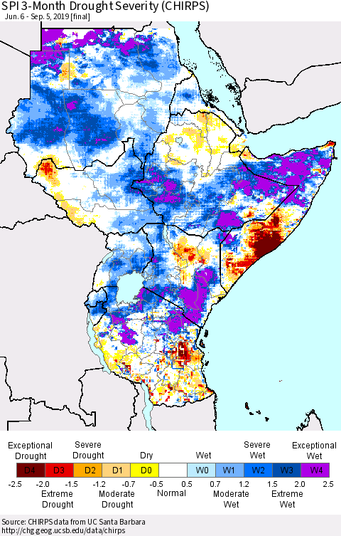 Eastern Africa SPI 3-Month Drought Severity (CHIRPS) Thematic Map For 6/6/2019 - 9/5/2019