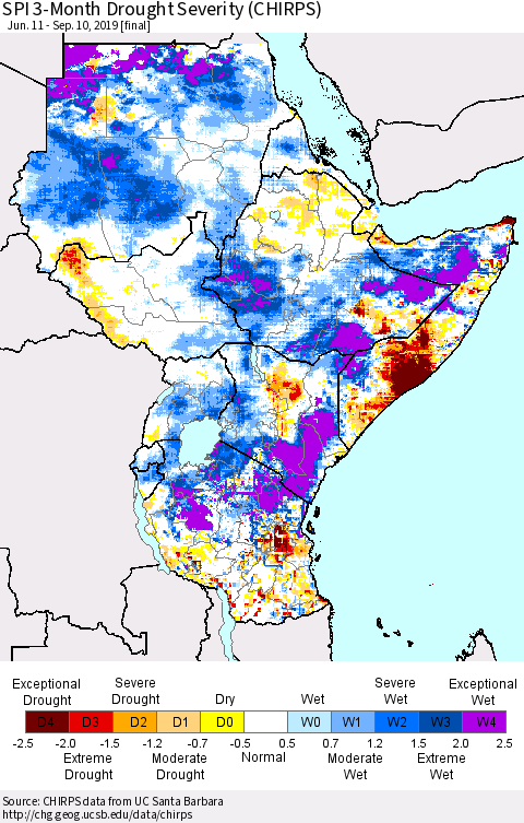 Eastern Africa SPI 3-Month Drought Severity (CHIRPS) Thematic Map For 6/11/2019 - 9/10/2019