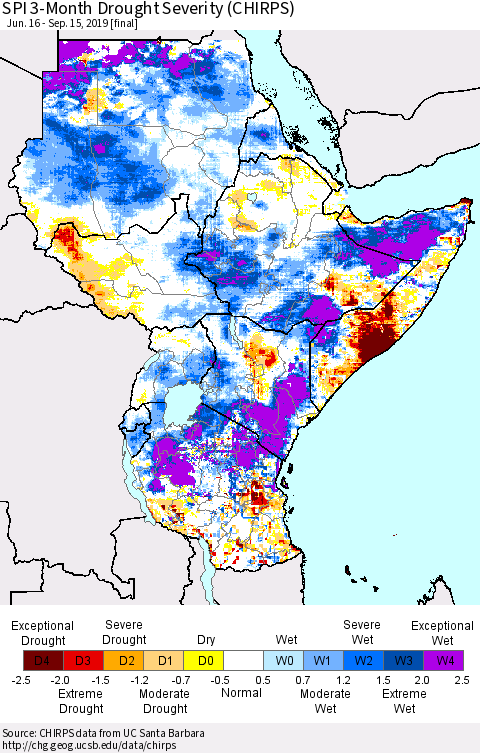 Eastern Africa SPI 3-Month Drought Severity (CHIRPS) Thematic Map For 6/16/2019 - 9/15/2019