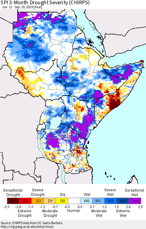 Eastern Africa SPI 3-Month Drought Severity (CHIRPS) Thematic Map For 6/21/2019 - 9/20/2019