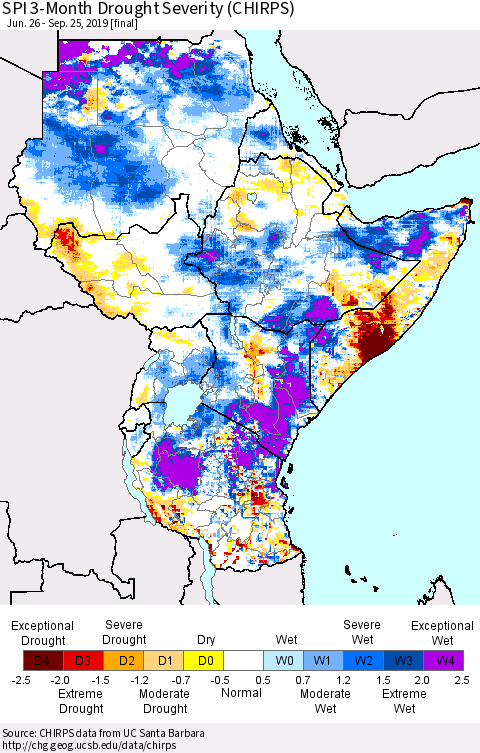 Eastern Africa SPI 3-Month Drought Severity (CHIRPS) Thematic Map For 6/26/2019 - 9/25/2019