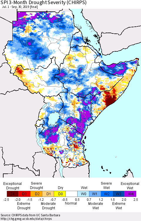 Eastern Africa SPI 3-Month Drought Severity (CHIRPS) Thematic Map For 7/1/2019 - 9/30/2019