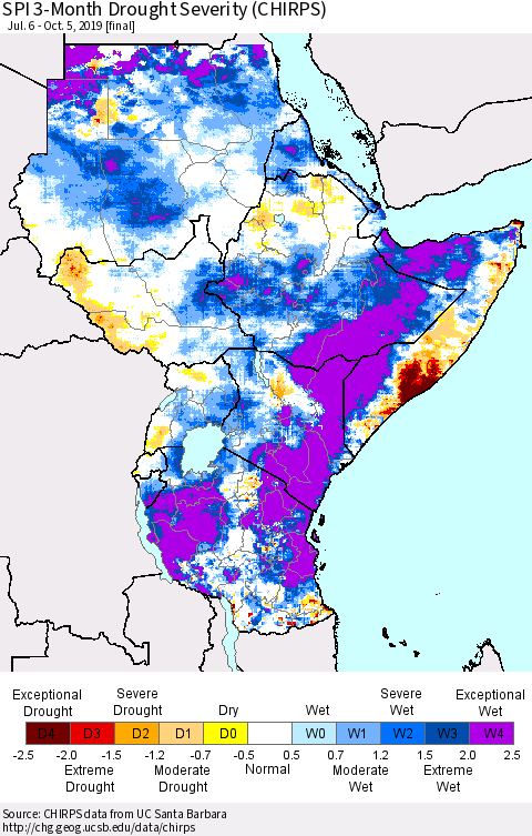 Eastern Africa SPI 3-Month Drought Severity (CHIRPS) Thematic Map For 7/6/2019 - 10/5/2019
