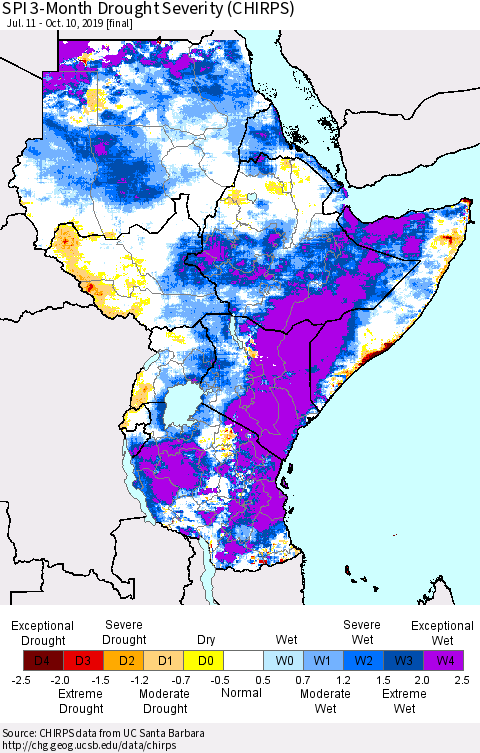 Eastern Africa SPI 3-Month Drought Severity (CHIRPS) Thematic Map For 7/11/2019 - 10/10/2019