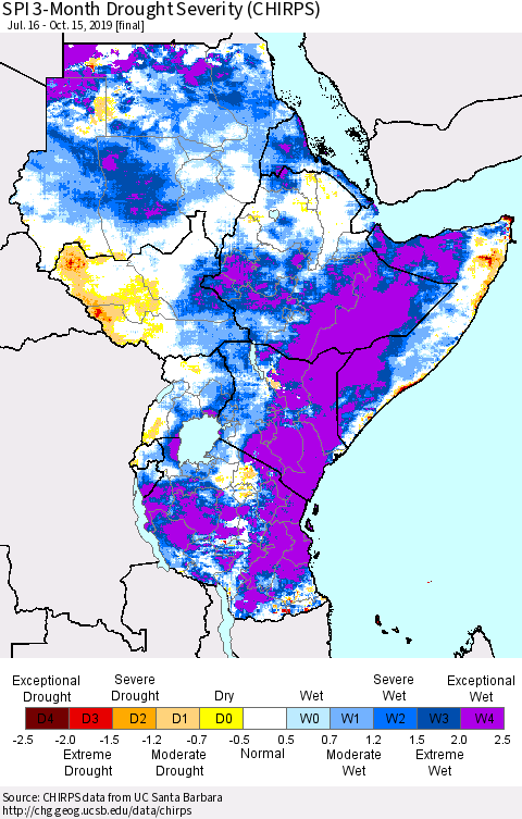 Eastern Africa SPI 3-Month Drought Severity (CHIRPS) Thematic Map For 7/16/2019 - 10/15/2019