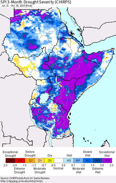 Eastern Africa SPI 3-Month Drought Severity (CHIRPS) Thematic Map For 7/21/2019 - 10/20/2019