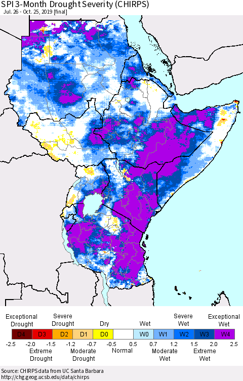 Eastern Africa SPI 3-Month Drought Severity (CHIRPS) Thematic Map For 7/26/2019 - 10/25/2019