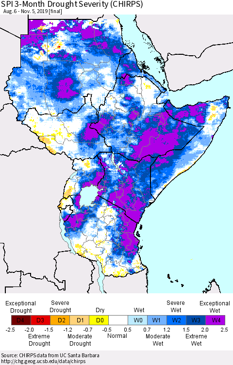 Eastern Africa SPI 3-Month Drought Severity (CHIRPS) Thematic Map For 8/6/2019 - 11/5/2019
