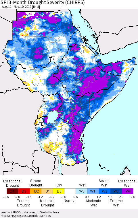 Eastern Africa SPI 3-Month Drought Severity (CHIRPS) Thematic Map For 8/11/2019 - 11/10/2019