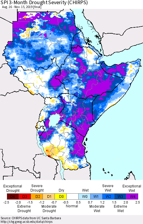 Eastern Africa SPI 3-Month Drought Severity (CHIRPS) Thematic Map For 8/16/2019 - 11/15/2019