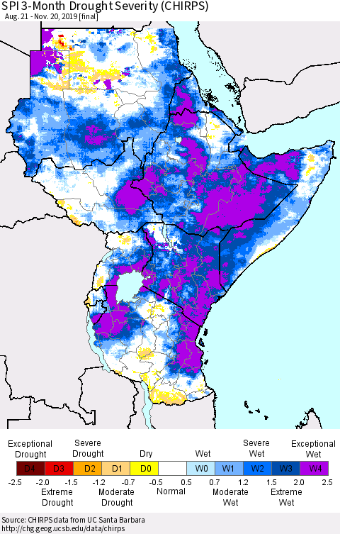 Eastern Africa SPI 3-Month Drought Severity (CHIRPS) Thematic Map For 8/21/2019 - 11/20/2019