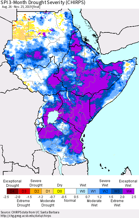 Eastern Africa SPI 3-Month Drought Severity (CHIRPS) Thematic Map For 8/26/2019 - 11/25/2019
