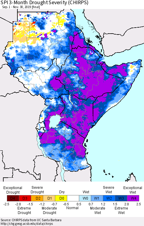 Eastern Africa SPI 3-Month Drought Severity (CHIRPS) Thematic Map For 9/1/2019 - 11/30/2019
