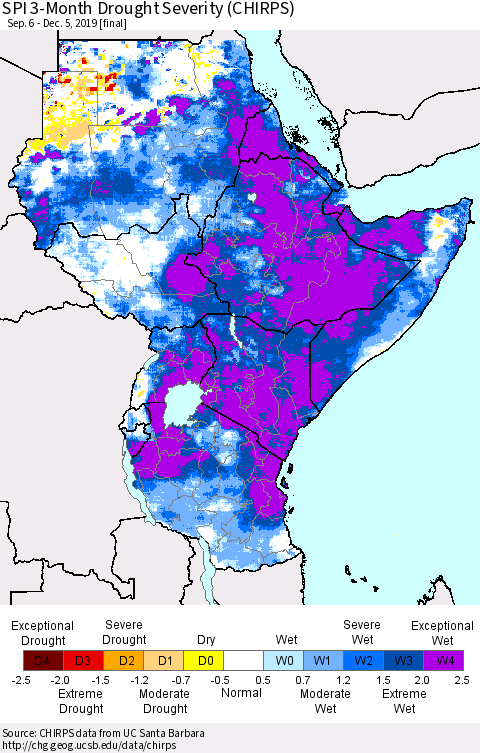 Eastern Africa SPI 3-Month Drought Severity (CHIRPS) Thematic Map For 9/6/2019 - 12/5/2019