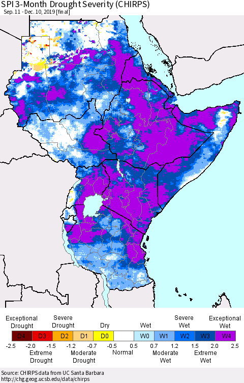Eastern Africa SPI 3-Month Drought Severity (CHIRPS) Thematic Map For 9/11/2019 - 12/10/2019