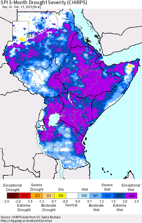 Eastern Africa SPI 3-Month Drought Severity (CHIRPS) Thematic Map For 9/16/2019 - 12/15/2019