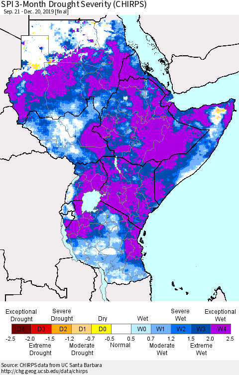 Eastern Africa SPI 3-Month Drought Severity (CHIRPS) Thematic Map For 9/21/2019 - 12/20/2019