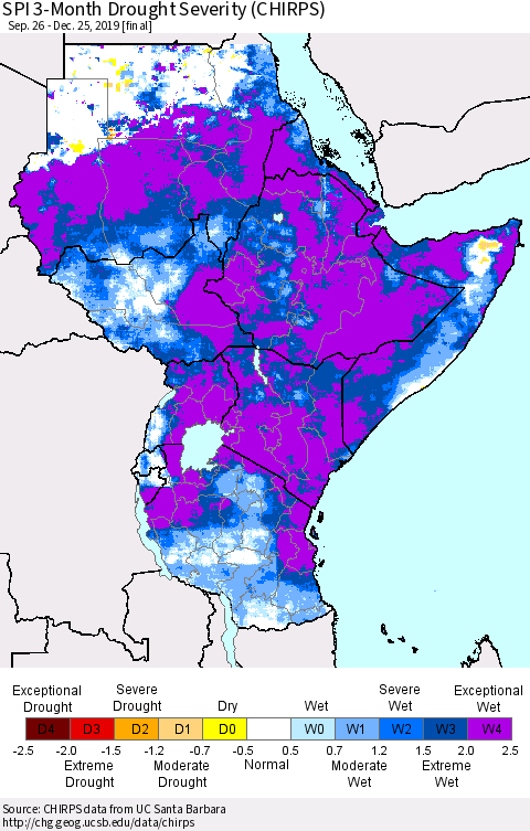 Eastern Africa SPI 3-Month Drought Severity (CHIRPS) Thematic Map For 9/26/2019 - 12/25/2019