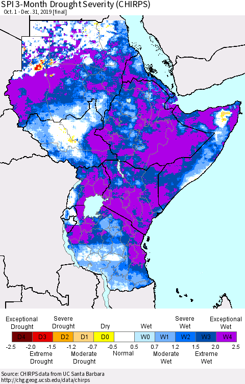 Eastern Africa SPI 3-Month Drought Severity (CHIRPS) Thematic Map For 10/1/2019 - 12/31/2019