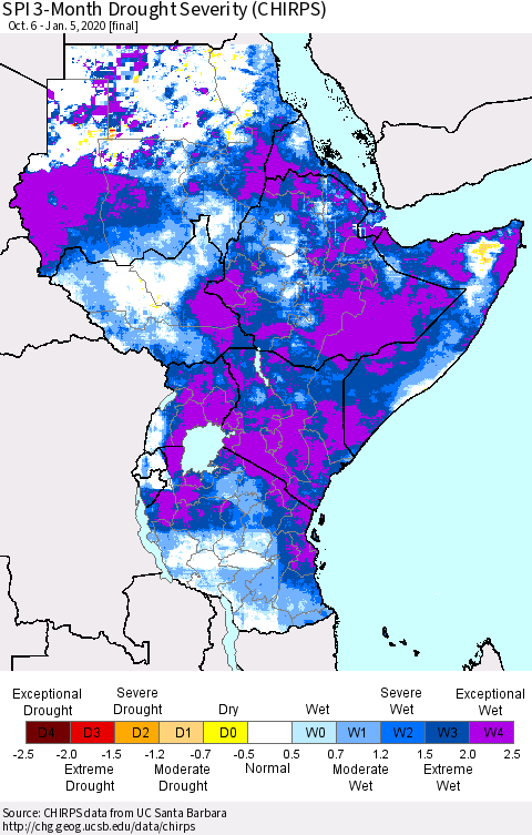 Eastern Africa SPI 3-Month Drought Severity (CHIRPS) Thematic Map For 10/6/2019 - 1/5/2020