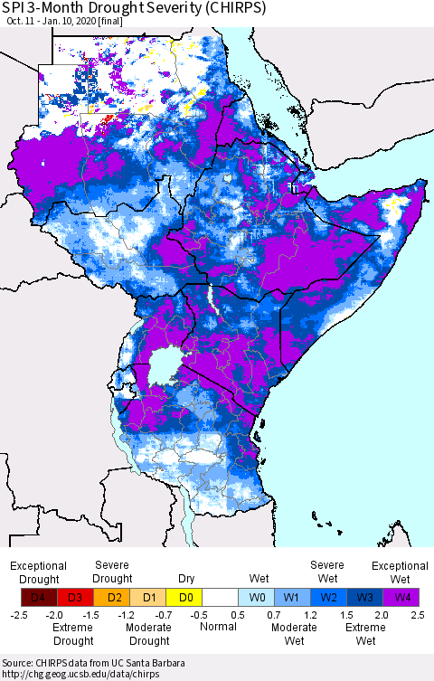 Eastern Africa SPI 3-Month Drought Severity (CHIRPS) Thematic Map For 10/11/2019 - 1/10/2020