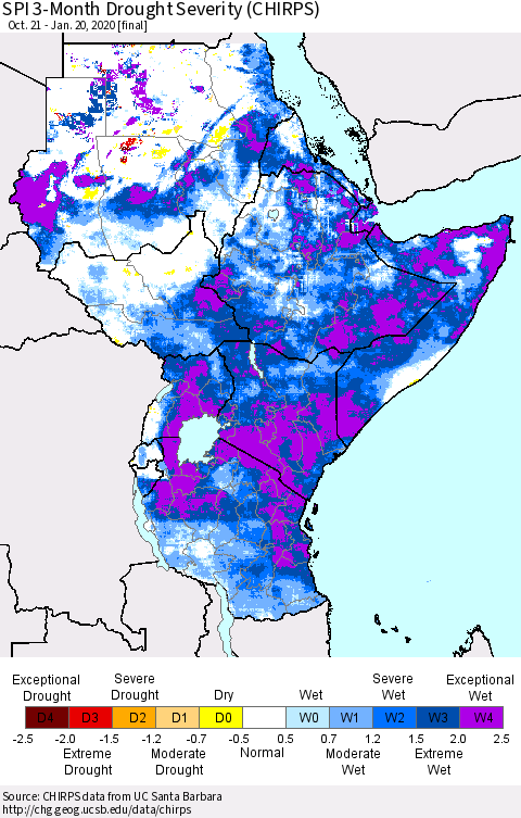 Eastern Africa SPI 3-Month Drought Severity (CHIRPS) Thematic Map For 10/21/2019 - 1/20/2020