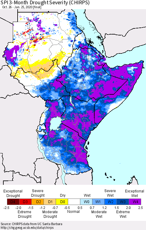 Eastern Africa SPI 3-Month Drought Severity (CHIRPS) Thematic Map For 10/26/2019 - 1/25/2020