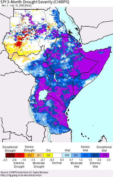 Eastern Africa SPI 3-Month Drought Severity (CHIRPS) Thematic Map For 11/1/2019 - 1/31/2020