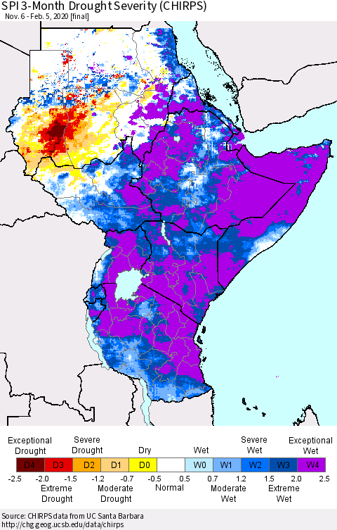 Eastern Africa SPI 3-Month Drought Severity (CHIRPS) Thematic Map For 11/6/2019 - 2/5/2020