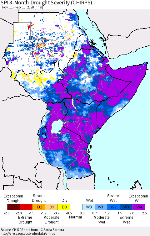 Eastern Africa SPI 3-Month Drought Severity (CHIRPS) Thematic Map For 11/11/2019 - 2/10/2020