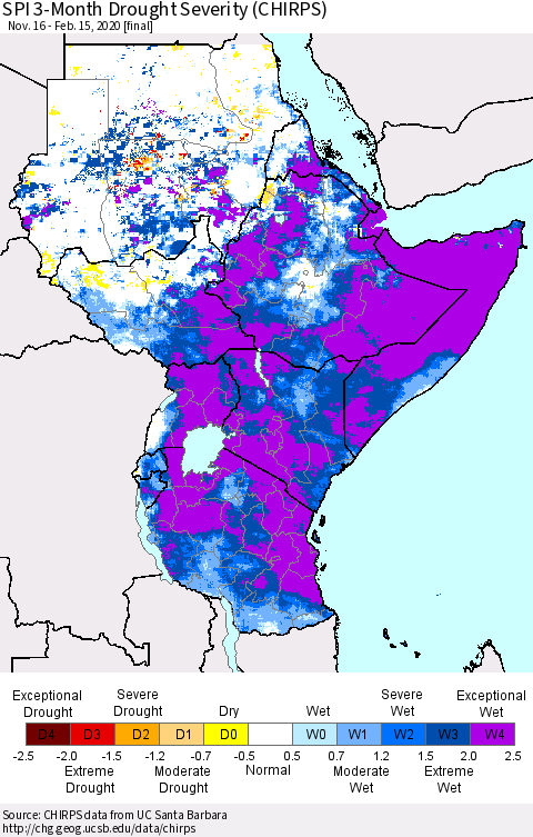 Eastern Africa SPI 3-Month Drought Severity (CHIRPS) Thematic Map For 11/16/2019 - 2/15/2020