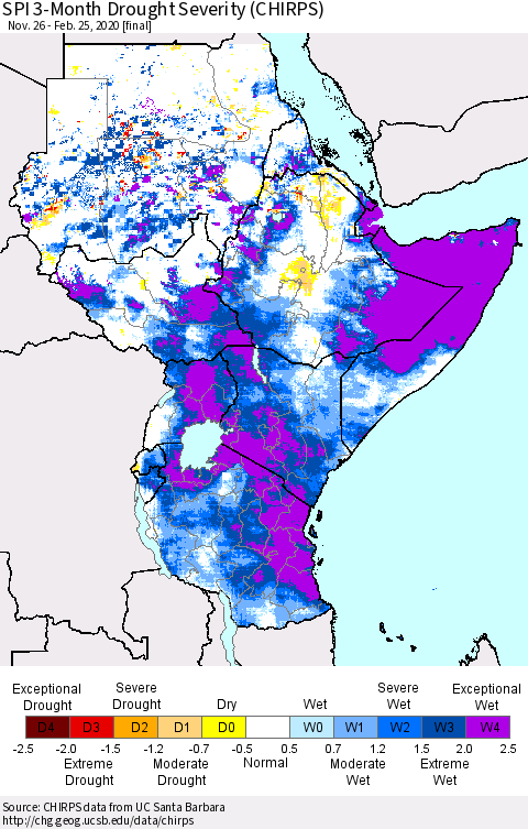 Eastern Africa SPI 3-Month Drought Severity (CHIRPS) Thematic Map For 11/26/2019 - 2/25/2020