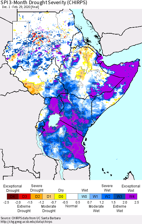 Eastern Africa SPI 3-Month Drought Severity (CHIRPS) Thematic Map For 12/1/2019 - 2/29/2020