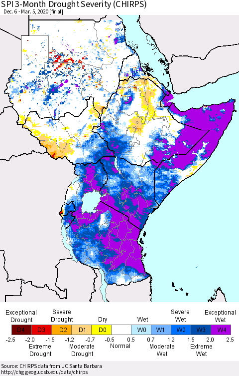 Eastern Africa SPI 3-Month Drought Severity (CHIRPS) Thematic Map For 12/6/2019 - 3/5/2020