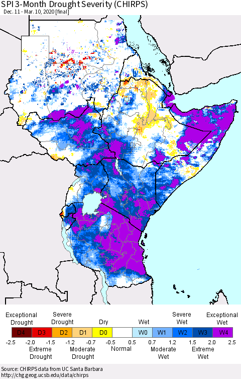 Eastern Africa SPI 3-Month Drought Severity (CHIRPS) Thematic Map For 12/11/2019 - 3/10/2020