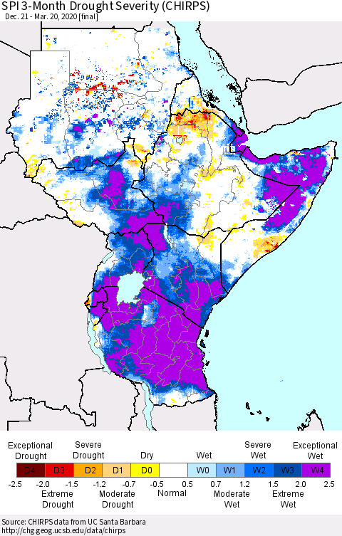 Eastern Africa SPI 3-Month Drought Severity (CHIRPS) Thematic Map For 12/21/2019 - 3/20/2020