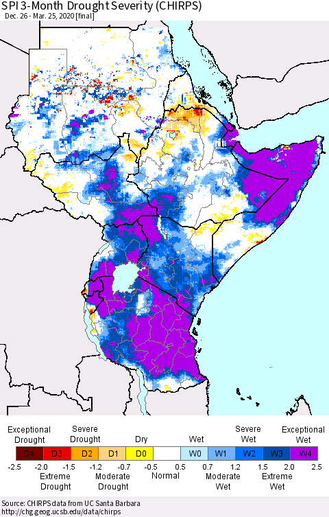 Eastern Africa SPI 3-Month Drought Severity (CHIRPS) Thematic Map For 12/26/2019 - 3/25/2020