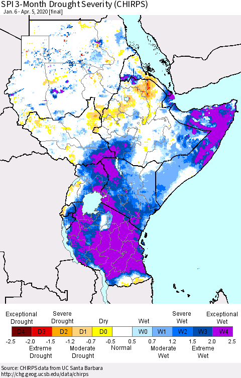 Eastern Africa SPI 3-Month Drought Severity (CHIRPS) Thematic Map For 1/6/2020 - 4/5/2020