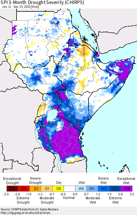 Eastern Africa SPI 3-Month Drought Severity (CHIRPS) Thematic Map For 1/11/2020 - 4/10/2020