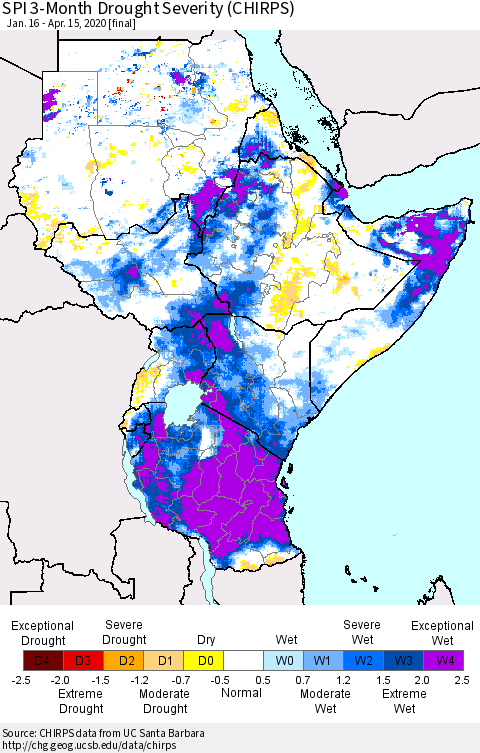 Eastern Africa SPI 3-Month Drought Severity (CHIRPS) Thematic Map For 1/16/2020 - 4/15/2020