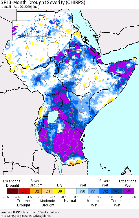 Eastern Africa SPI 3-Month Drought Severity (CHIRPS) Thematic Map For 1/21/2020 - 4/20/2020