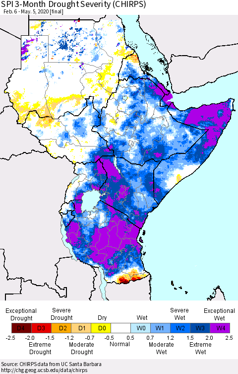 Eastern Africa SPI 3-Month Drought Severity (CHIRPS) Thematic Map For 2/6/2020 - 5/5/2020