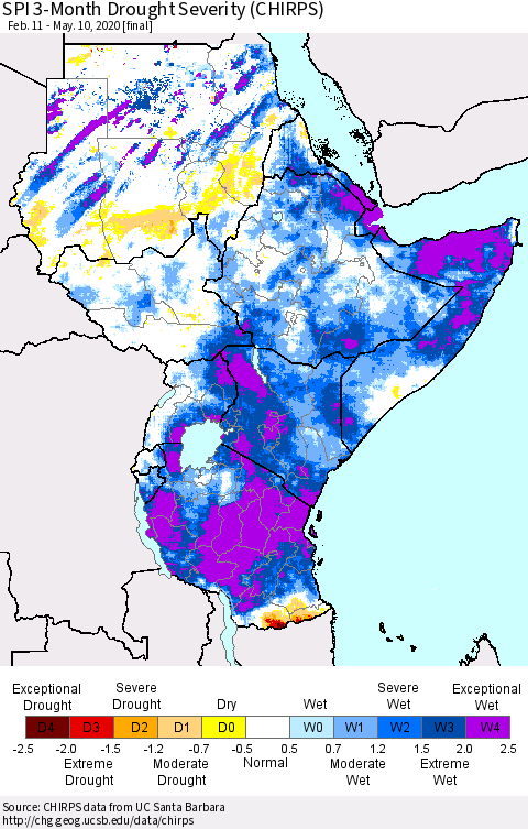 Eastern Africa SPI 3-Month Drought Severity (CHIRPS) Thematic Map For 2/11/2020 - 5/10/2020