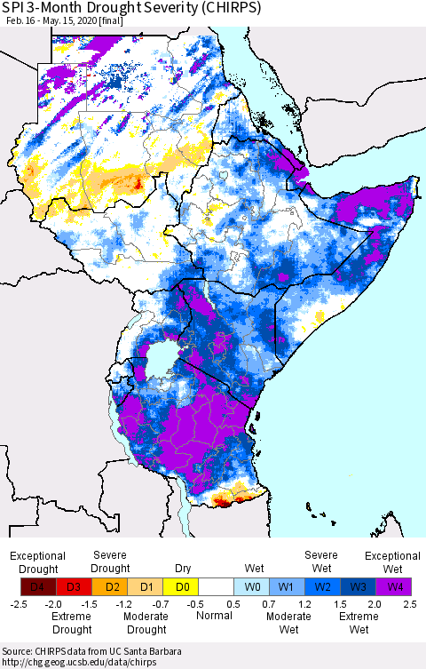 Eastern Africa SPI 3-Month Drought Severity (CHIRPS) Thematic Map For 2/16/2020 - 5/15/2020