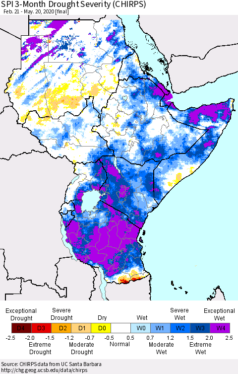 Eastern Africa SPI 3-Month Drought Severity (CHIRPS) Thematic Map For 2/21/2020 - 5/20/2020
