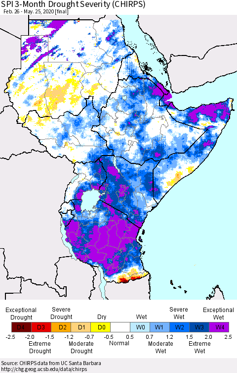Eastern Africa SPI 3-Month Drought Severity (CHIRPS) Thematic Map For 2/26/2020 - 5/25/2020